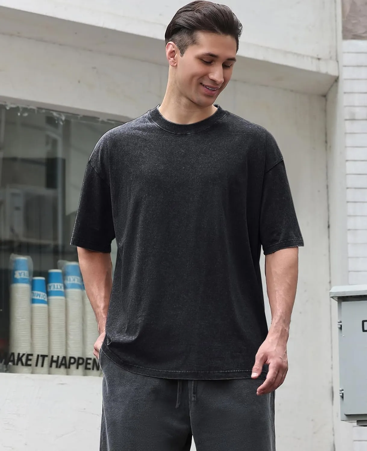 Men's Cotton T-Shirts Oversized Unisex Short Sleeves Casual Loose Wash Solid Basic Tee Tops