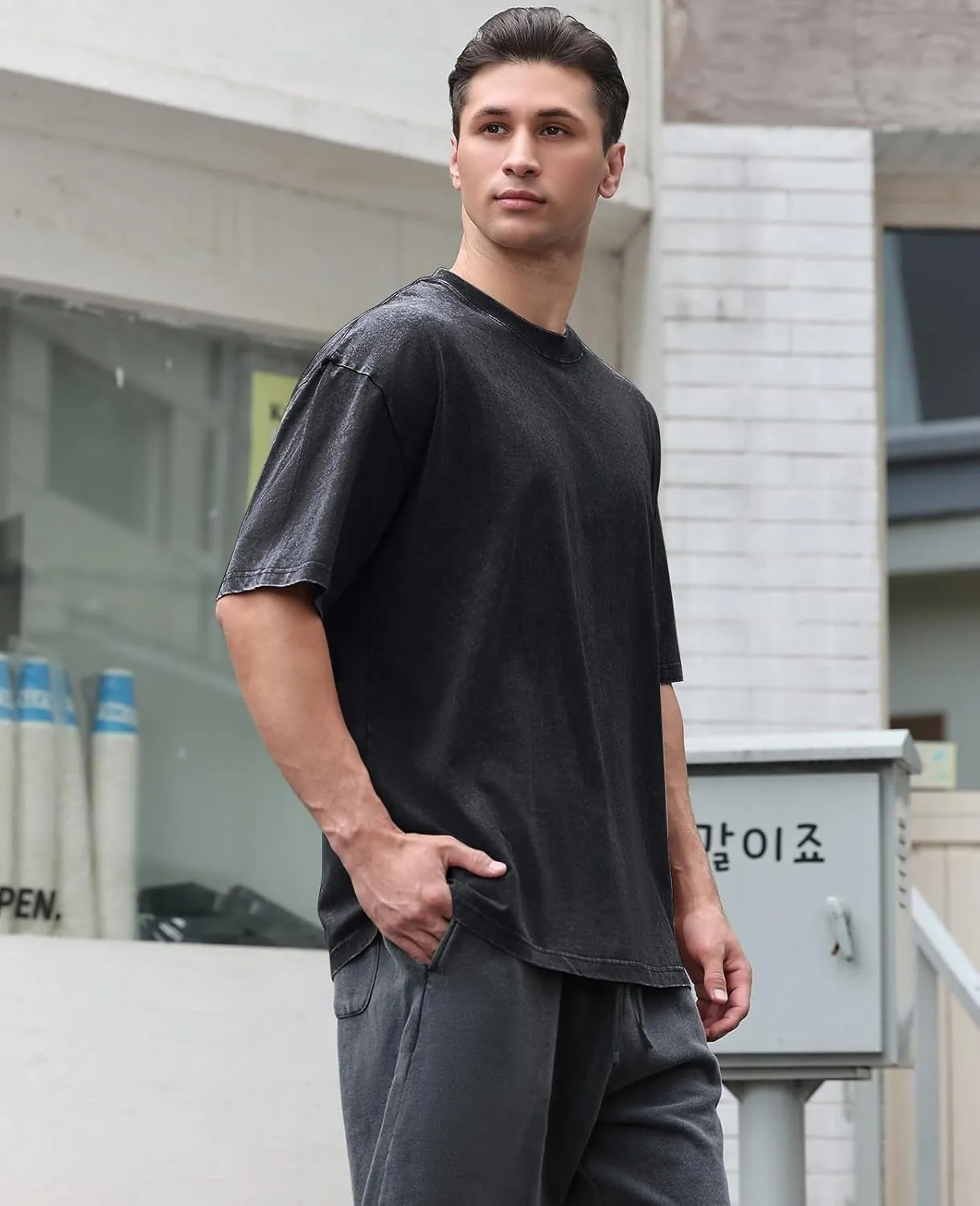 Men's Cotton T-Shirts Oversized Unisex Short Sleeves Casual Loose Wash Solid Basic Tee Tops