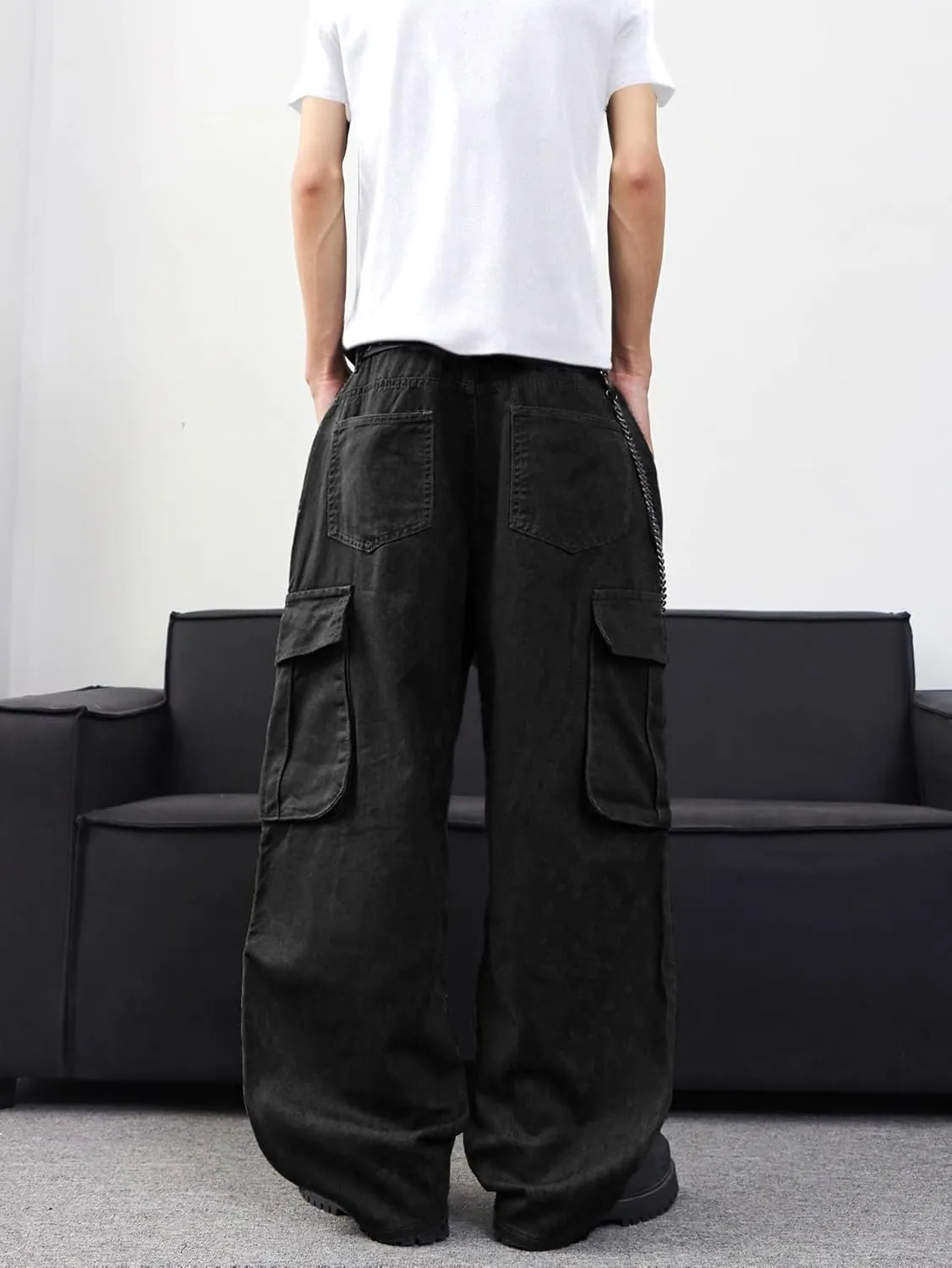 Mens Denim Baggy Pants with Cargo Pockets Mid Weight Casual Streetwear Wide Leg Jeans Hip Hop Skater Trousers