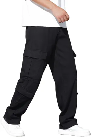 Mens Denim Baggy Pants with Cargo Pockets Mid Weight Casual Streetwear Wide Leg Jeans Hip Hop Skater Trousers