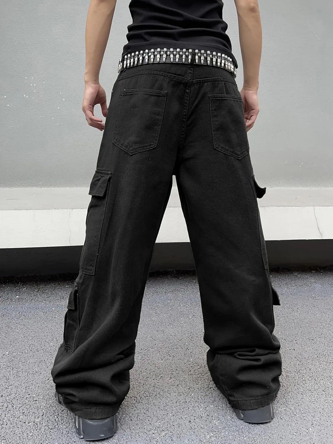 Mens Denim Baggy Pants with Cargo Pockets Mid Weight Casual Streetwear Wide Leg Jeans Hip Hop Skater Trousers