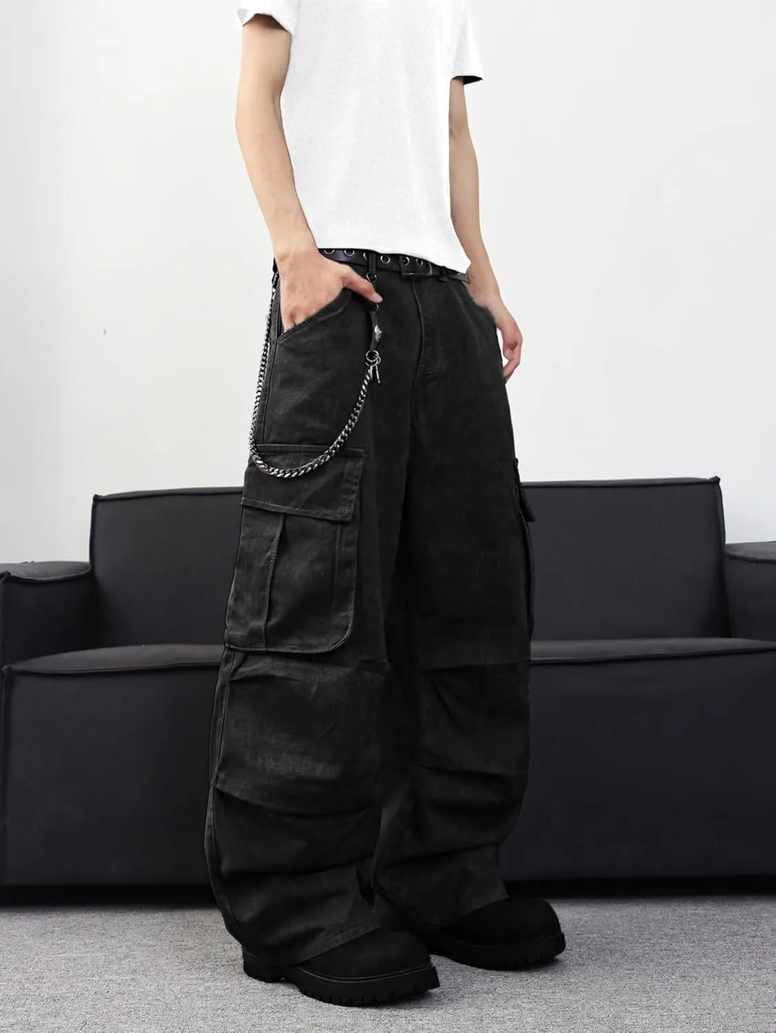 Mens Denim Baggy Pants with Cargo Pockets Mid Weight Casual Streetwear Wide Leg Jeans Hip Hop Skater Trousers