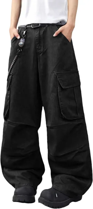 Mens Denim Baggy Pants with Cargo Pockets Mid Weight Casual Streetwear Wide Leg Jeans Hip Hop Skater Trousers