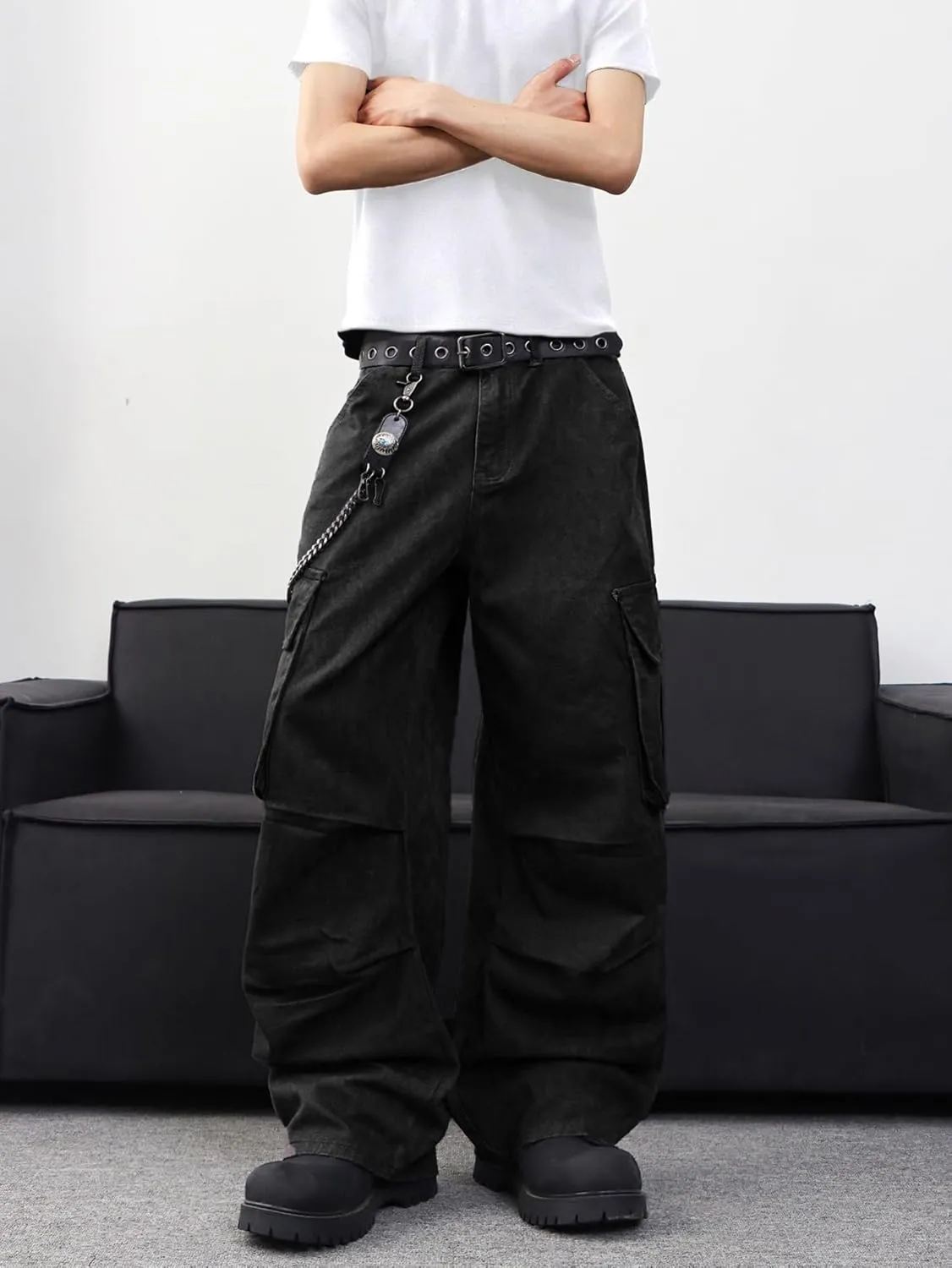 Mens Denim Baggy Pants with Cargo Pockets Mid Weight Casual Streetwear Wide Leg Jeans Hip Hop Skater Trousers