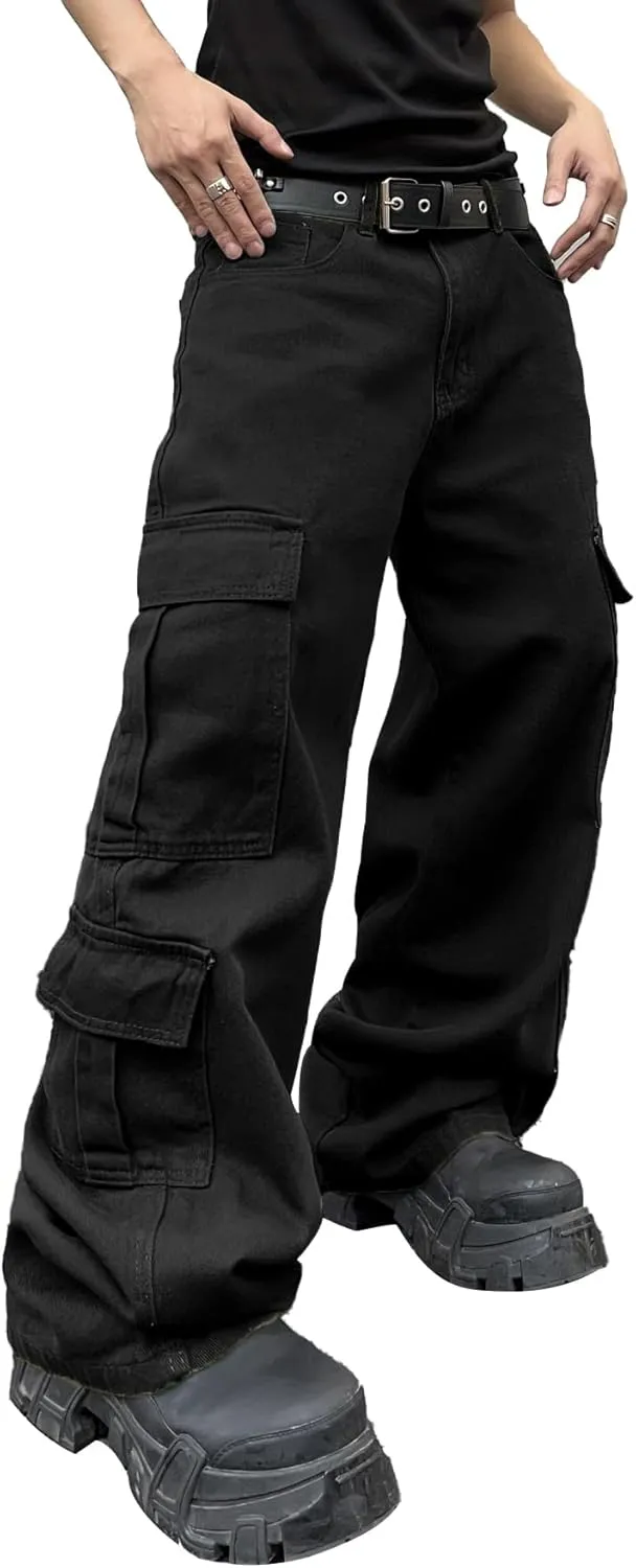 Mens Denim Baggy Pants with Cargo Pockets Mid Weight Casual Streetwear Wide Leg Jeans Hip Hop Skater Trousers