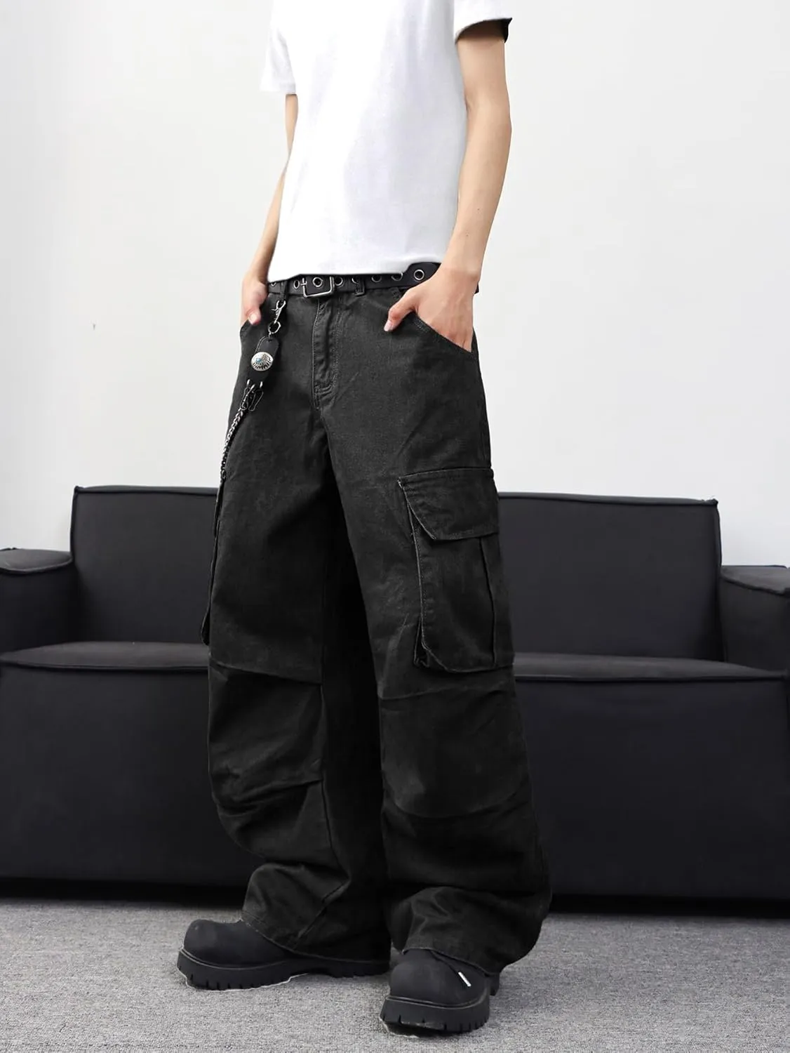 Mens Denim Baggy Pants with Cargo Pockets Mid Weight Casual Streetwear Wide Leg Jeans Hip Hop Skater Trousers