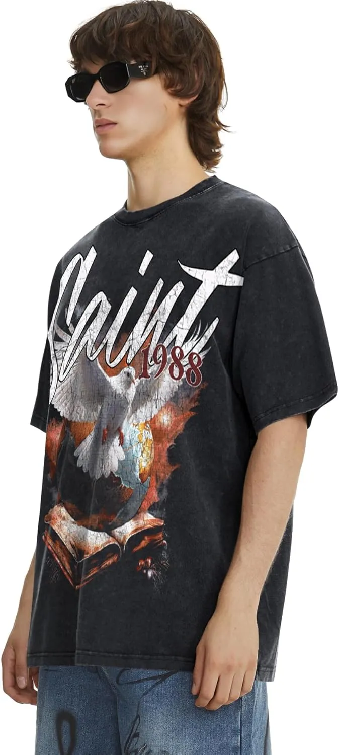 Men's Hip Hop Graphic Print Cotton T-Shirt Fashion Special Design Crewneck Rapper Short Sleeve Tops…