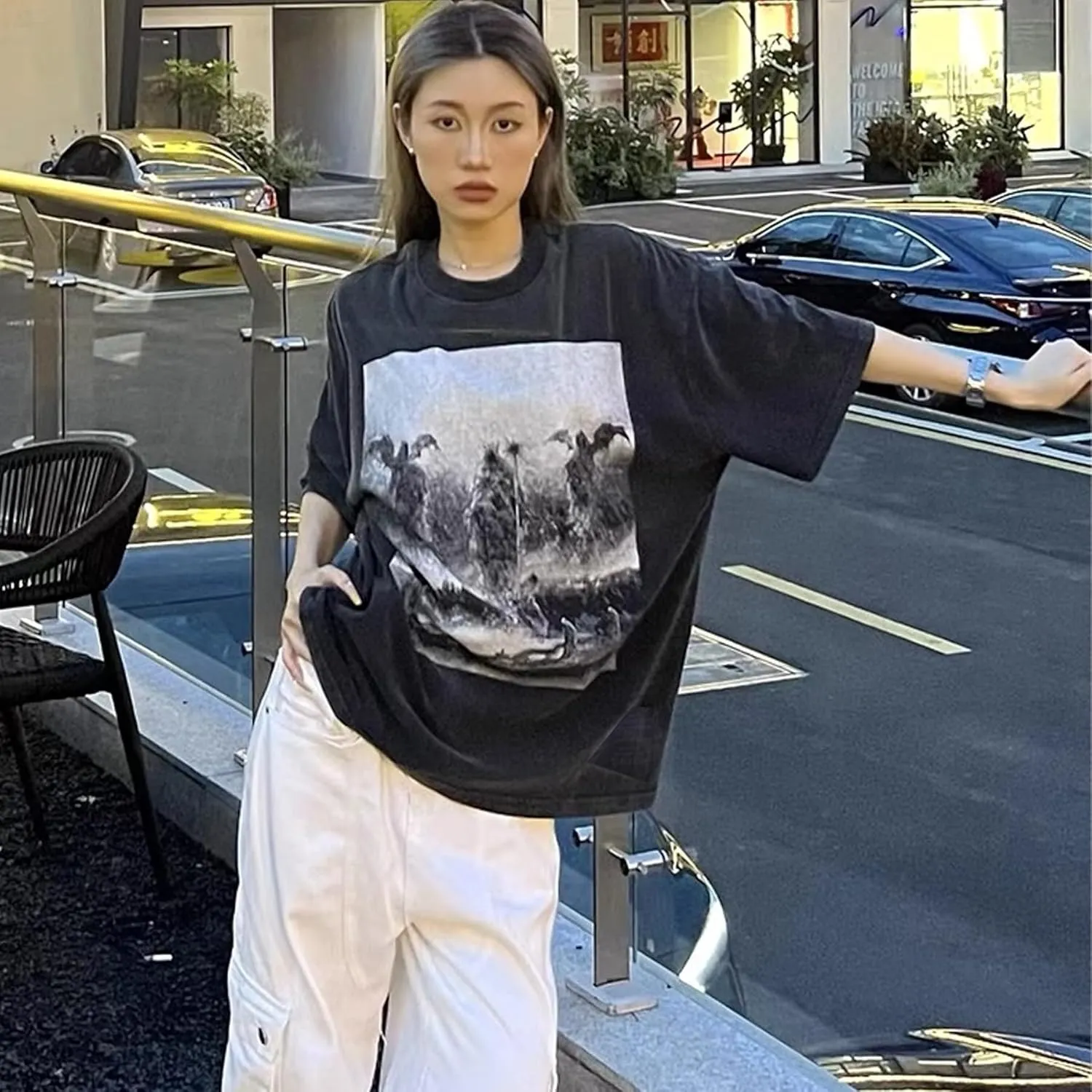 Men's Hip Hop Graphic Print Cotton T-Shirt Fashion Special Design Crewneck Rapper Short Sleeve Tops