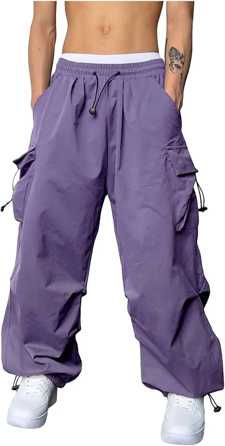 Men's Hip Hop Parachute Jogger Pants Y2K Street Baggy Trousers Rap Hippies Cargo Pants Harem Pants with Pockets