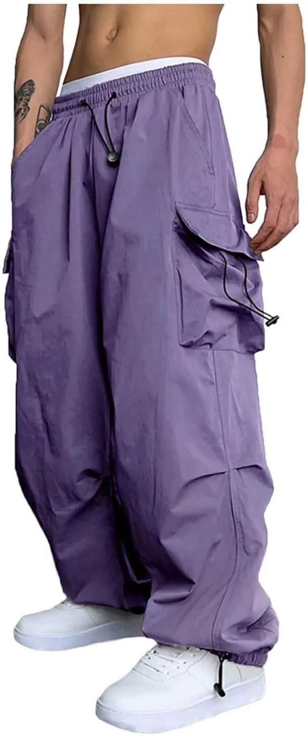 Men's Hip Hop Parachute Jogger Pants Y2K Street Baggy Trousers Rap Hippies Cargo Pants Harem Pants with Pockets