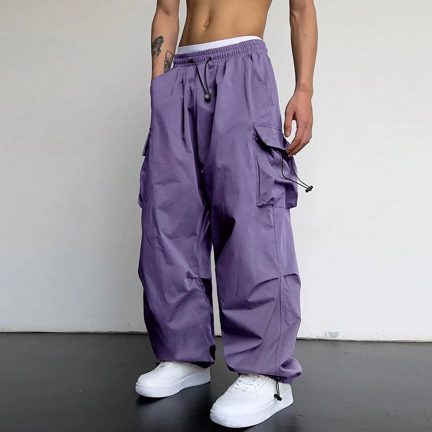 Men's Hip Hop Parachute Jogger Pants Y2K Street Baggy Trousers Rap Hippies Cargo Pants Harem Pants with Pockets