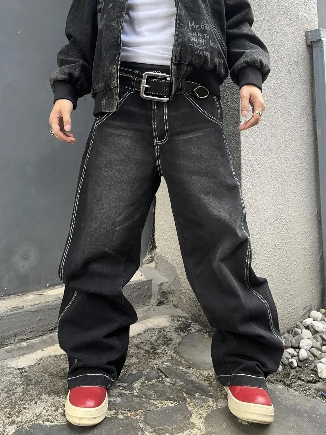 Mens Irregular Sutures Baggy Jeans with Angled Pocket Y2k Hip Hop Wide Leg Denim Pants