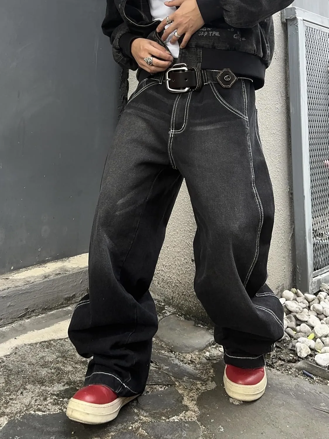 Mens Irregular Sutures Baggy Jeans with Angled Pocket Y2k Hip Hop Wide Leg Denim Pants
