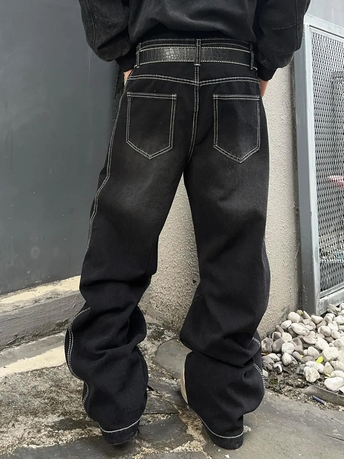 Mens Irregular Sutures Baggy Jeans with Angled Pocket Y2k Hip Hop Wide Leg Denim Pants