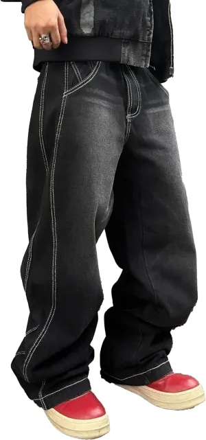 Mens Irregular Sutures Baggy Jeans with Angled Pocket Y2k Hip Hop Wide Leg Denim Pants