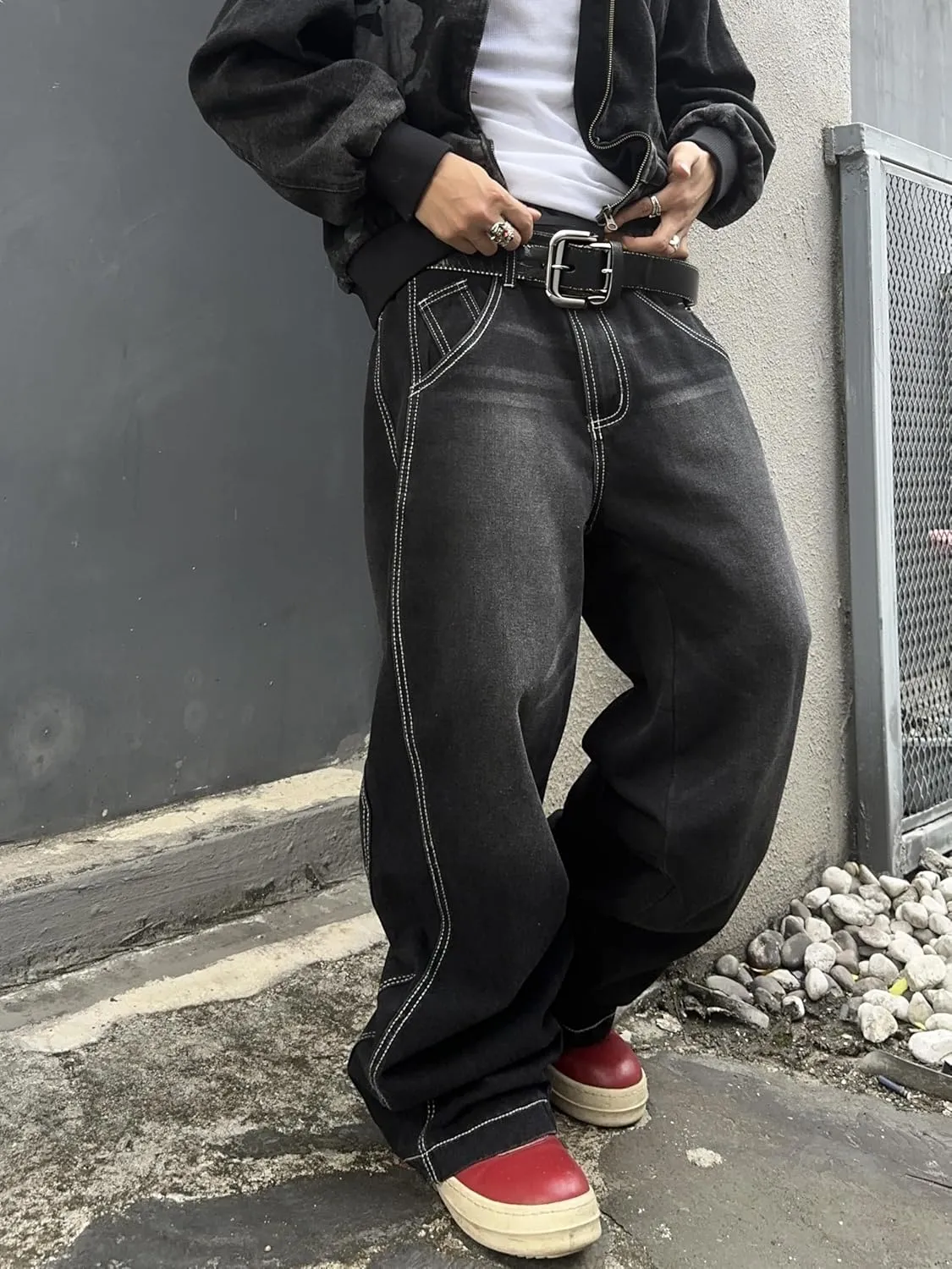 Mens Irregular Sutures Baggy Jeans with Angled Pocket Y2k Hip Hop Wide Leg Denim Pants
