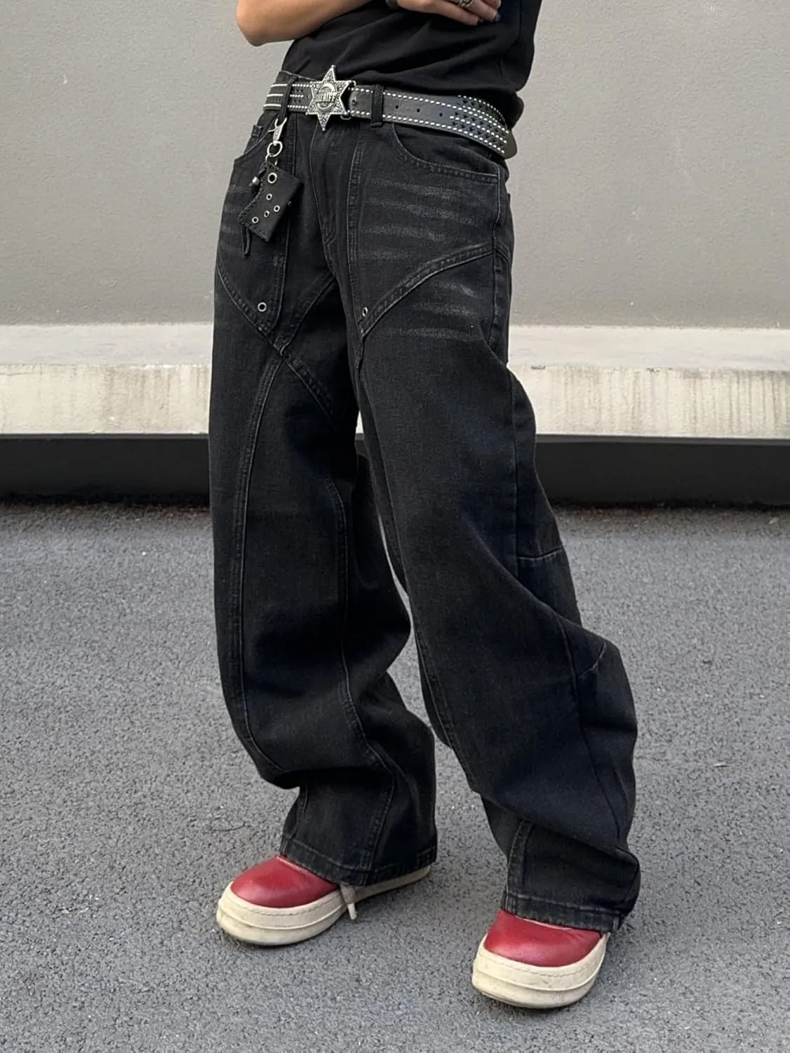 Men's Irregular Sutures Y2k Baggy Jeans Hip Hop Wide Leg with Pockets Loose Fit Denim Pants