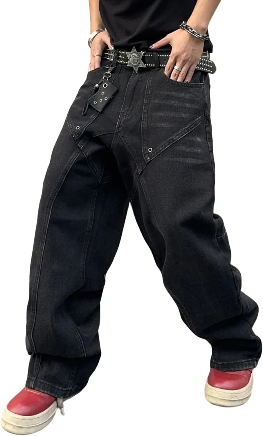 Men's Irregular Sutures Y2k Baggy Jeans Hip Hop Wide Leg with Pockets Loose Fit Denim Pants