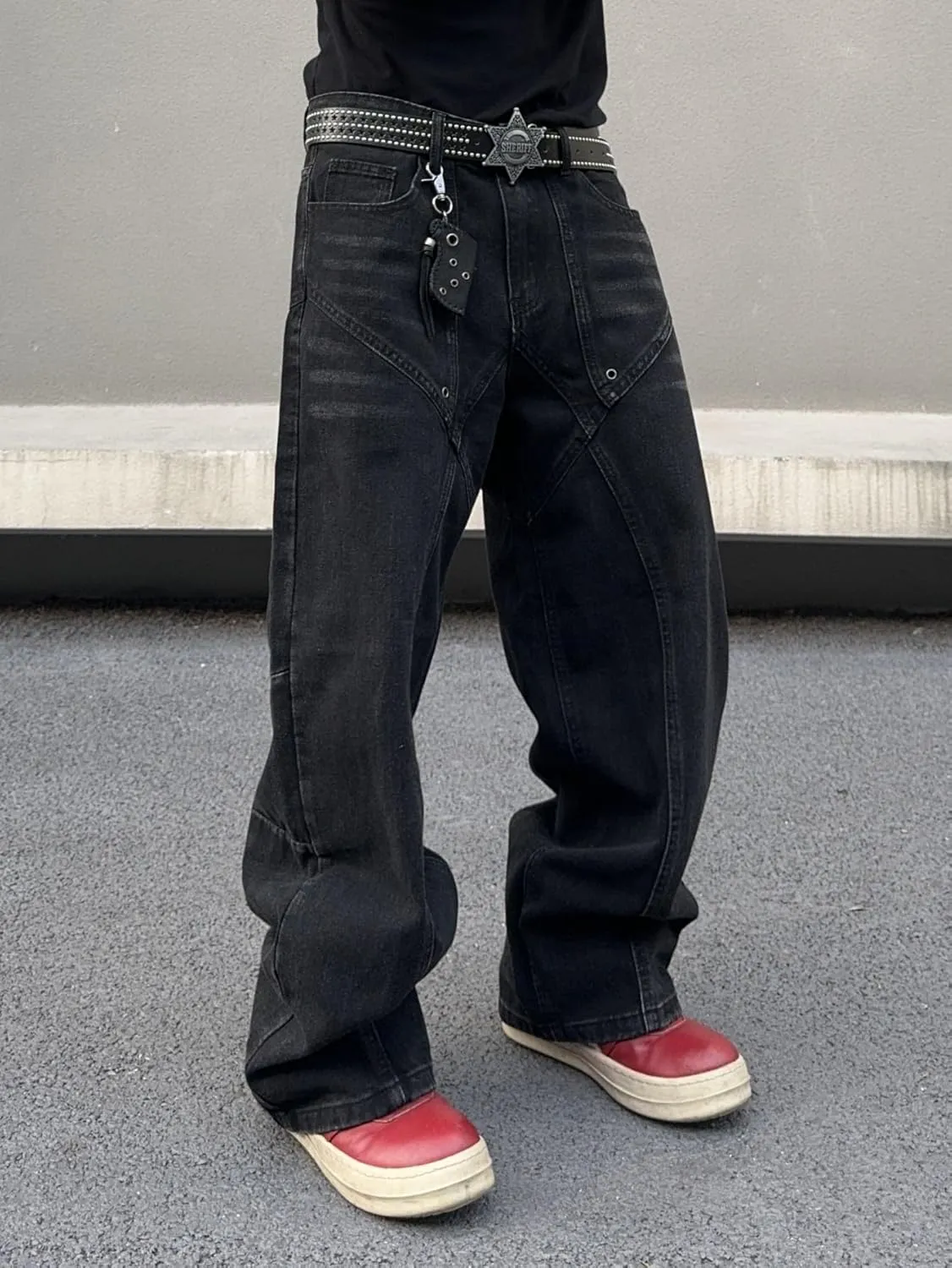 Men's Irregular Sutures Y2k Baggy Jeans Hip Hop Wide Leg with Pockets Loose Fit Denim Pants