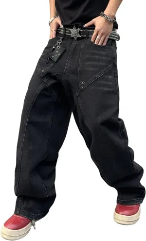 Men's Irregular Sutures Y2k Baggy Jeans Hip Hop Wide Leg with Pockets Loose Fit Denim Pants