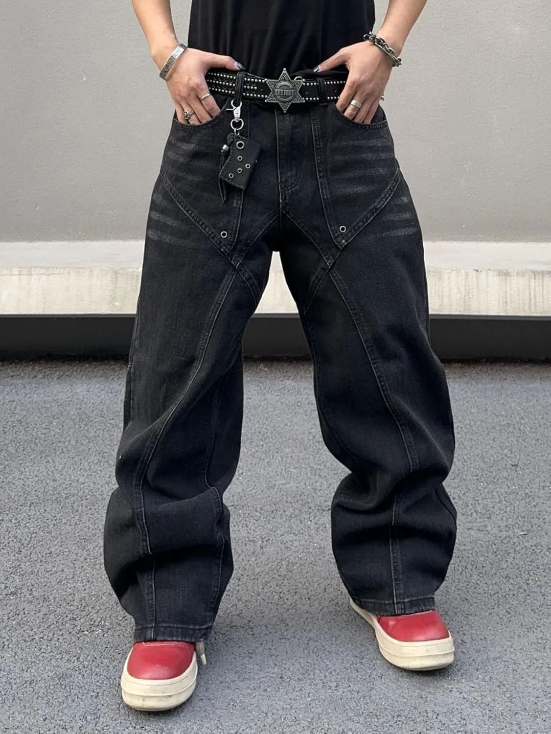 Men's Irregular Sutures Y2k Baggy Jeans Hip Hop Wide Leg with Pockets Loose Fit Denim Pants