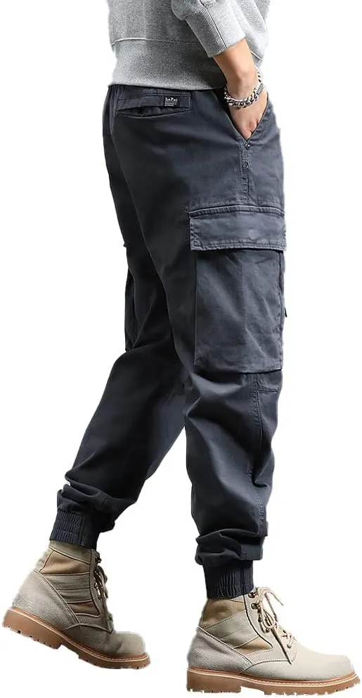 Men's Military Army Cargo Pants Outdoor Cotton Tactical Work Pants Drawstring Slim Fit Trousers