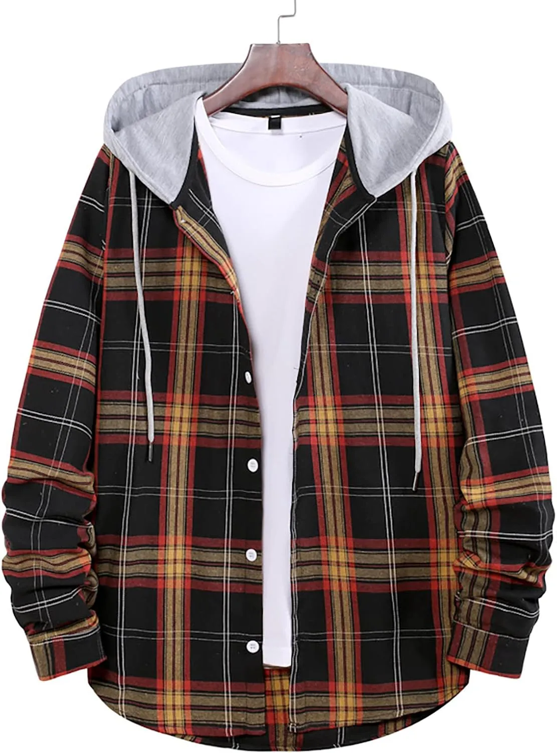 Men's Plaid Hooded Shirts Shirt Hooded Collar Long Sleeve Shirt Blouse Coat with Zipper Casual Loose Thicken