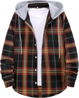 Men's Plaid Hooded Shirts Shirt Hooded Collar Long Sleeve Shirt Blouse Coat with Zipper Casual Loose Thicken