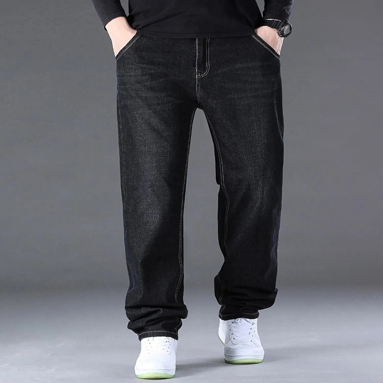 Mens Relaxed Fit Jeans Y2k Hip Hop Streetwear Wide Leg Jean Plus Size Baggy Straight Leg Denim Pants Casual Trousers