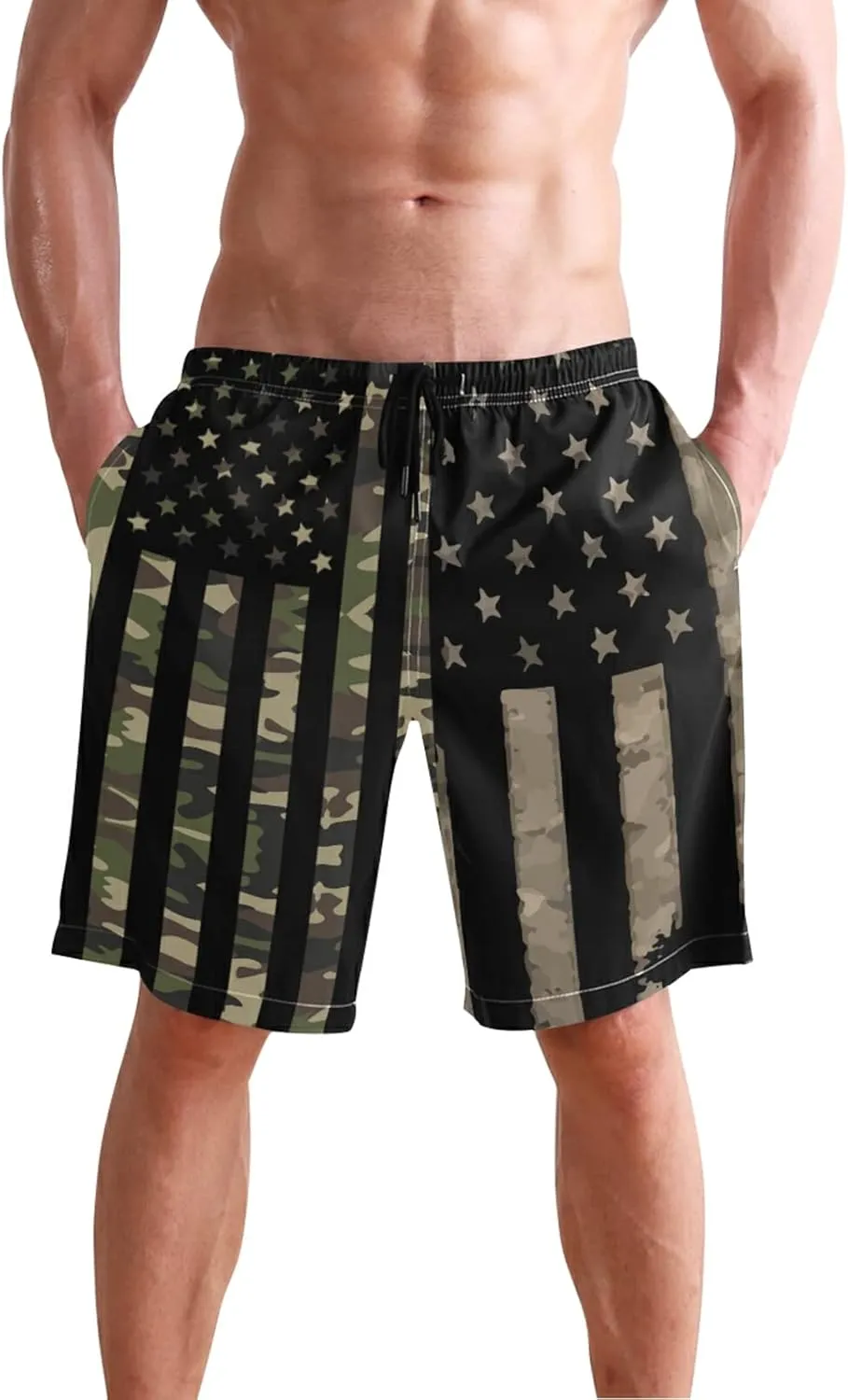 Mens Swim Trunks American Flag Bathing Suit Swimming Shorts Quick Dry Board Shorts Swimsuits with Pockets Mesh Lining