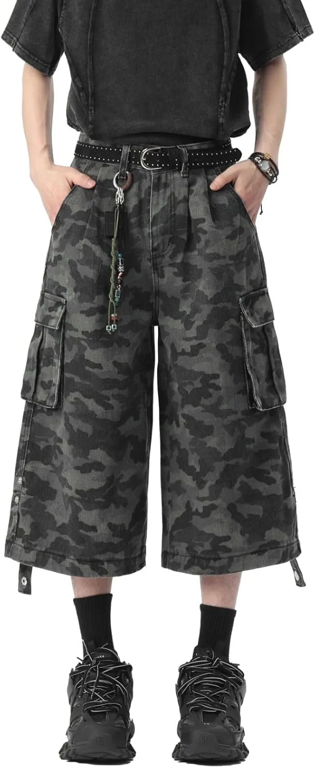 Men's Teen Y2K Jorts Baggy Camo Cargo Jean Shorts Wide Leg Loose Fit Grunge Streetwear Hip Hop Jnco Shorts
