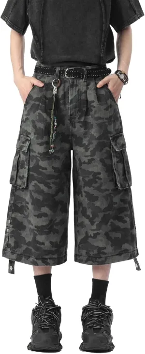 Men's Teen Y2K Jorts Baggy Camo Cargo Jean Shorts Wide Leg Loose Fit Grunge Streetwear Hip Hop Jnco Shorts