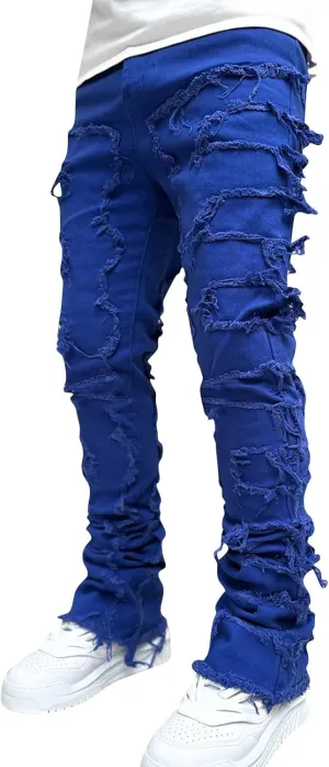 Mens Vintage Ripped Flared Leg Stacked Jeans Patchwork Bell Bottom Regular Fit 70s Hip Hop Distressed Denim Pants
