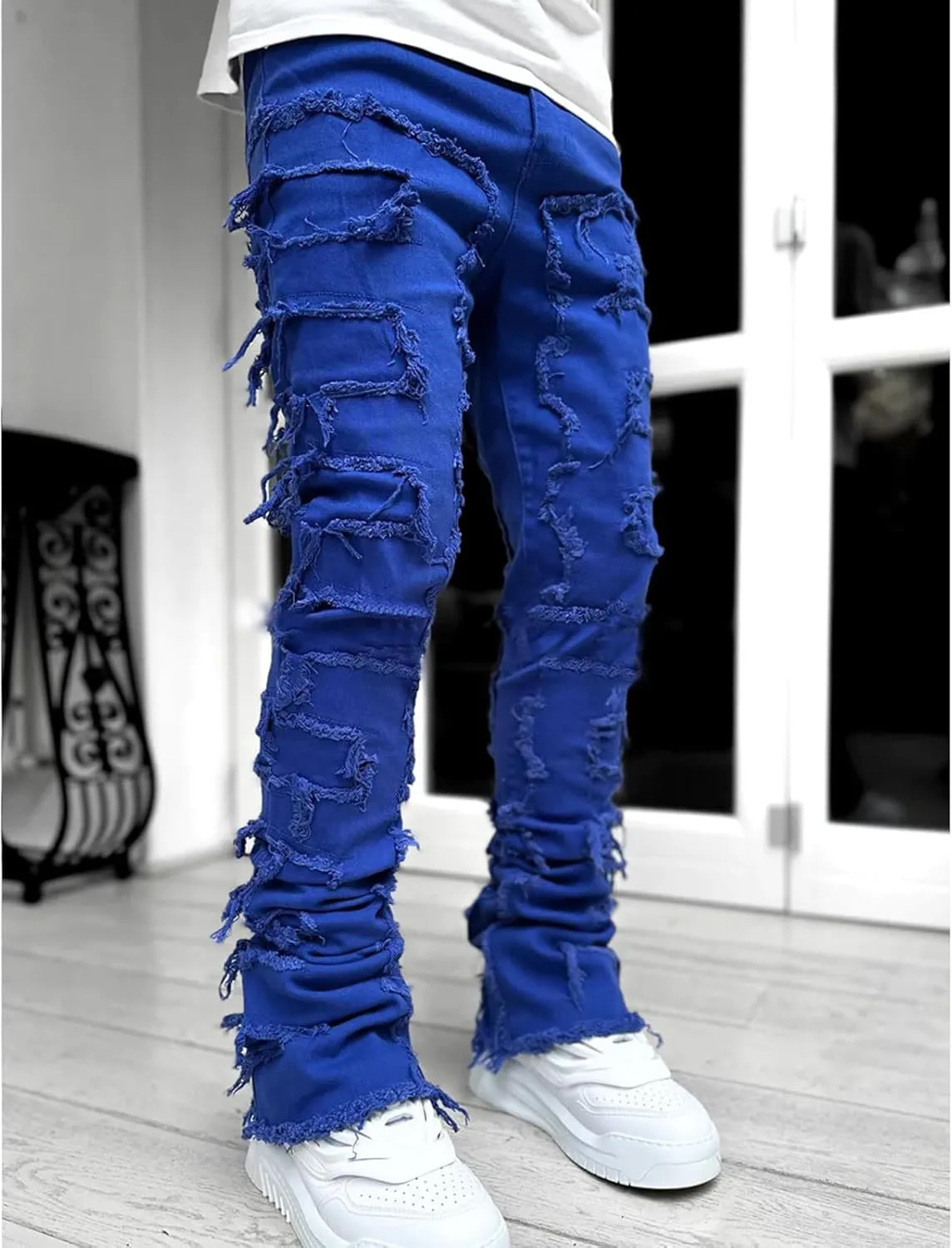 Mens Vintage Ripped Flared Leg Stacked Jeans Patchwork Bell Bottom Regular Fit 70s Hip Hop Distressed Denim Pants