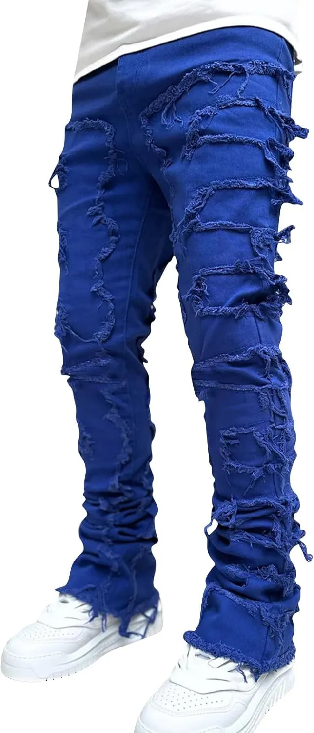 Mens Vintage Ripped Flared Leg Stacked Jeans Patchwork Bell Bottom Regular Fit 70s Hip Hop Distressed Denim Pants