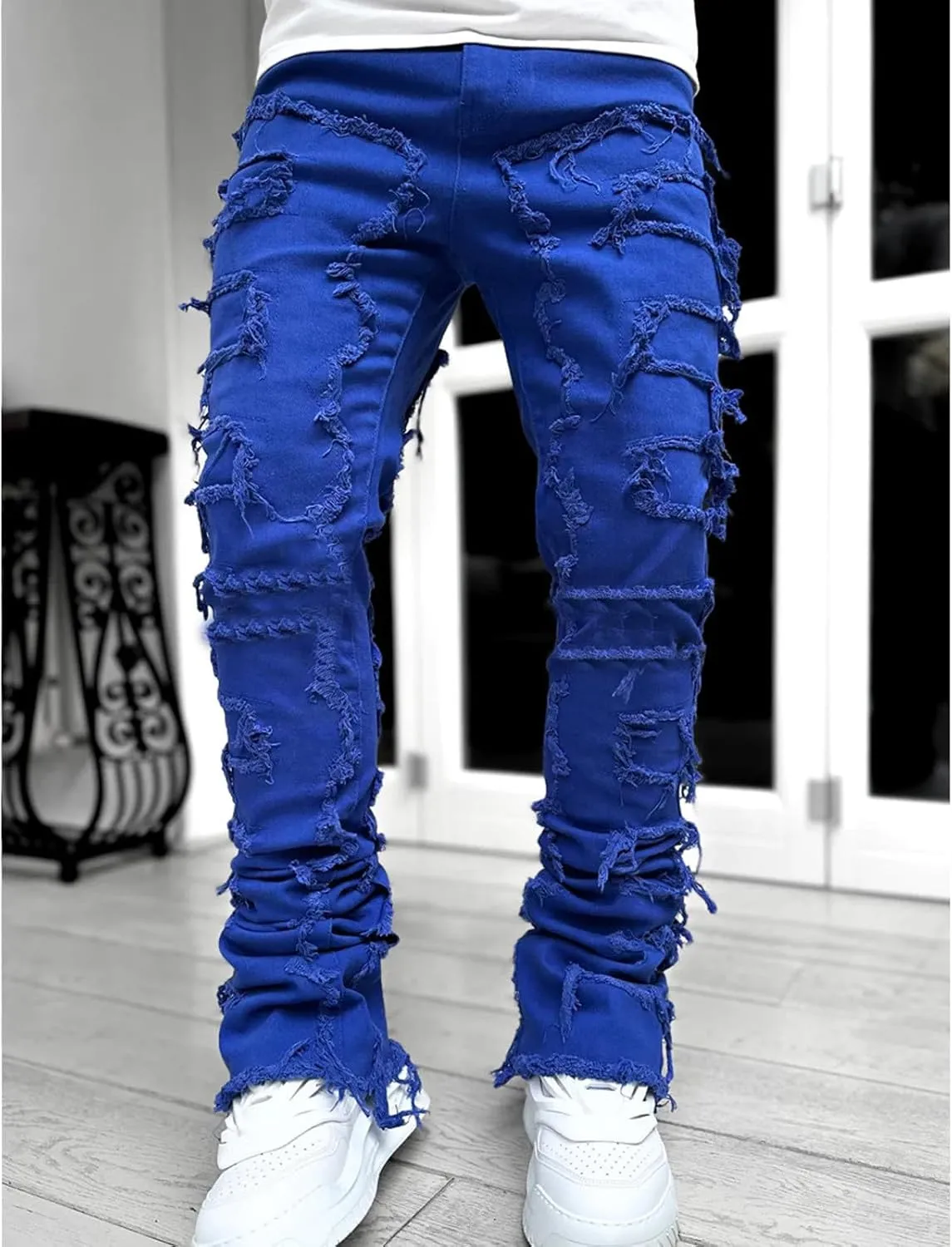 Mens Vintage Ripped Flared Leg Stacked Jeans Patchwork Bell Bottom Regular Fit 70s Hip Hop Distressed Denim Pants