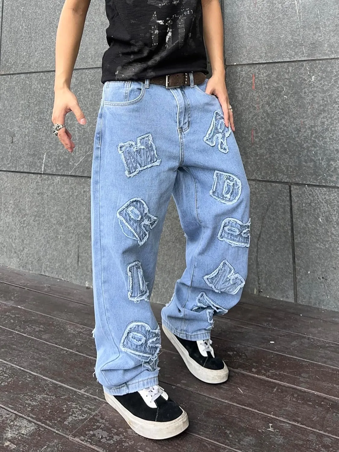 Mens Womens Baggy Jeans Patched Letter Badge Wide Leg Denim Pants Y2k Hip Hop Casual Loose Trousers