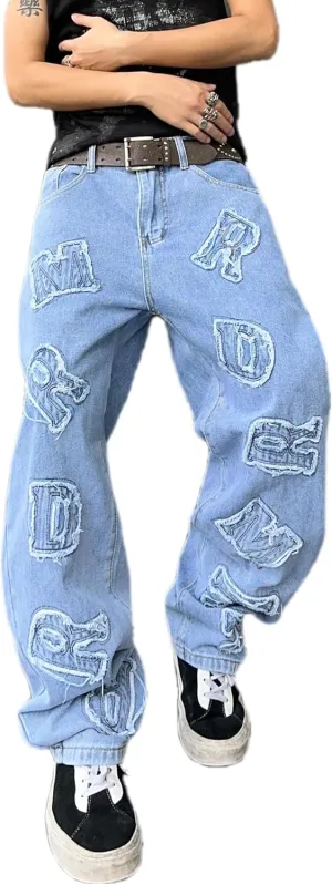 Mens Womens Baggy Jeans Patched Letter Badge Wide Leg Denim Pants Y2k Hip Hop Casual Loose Trousers