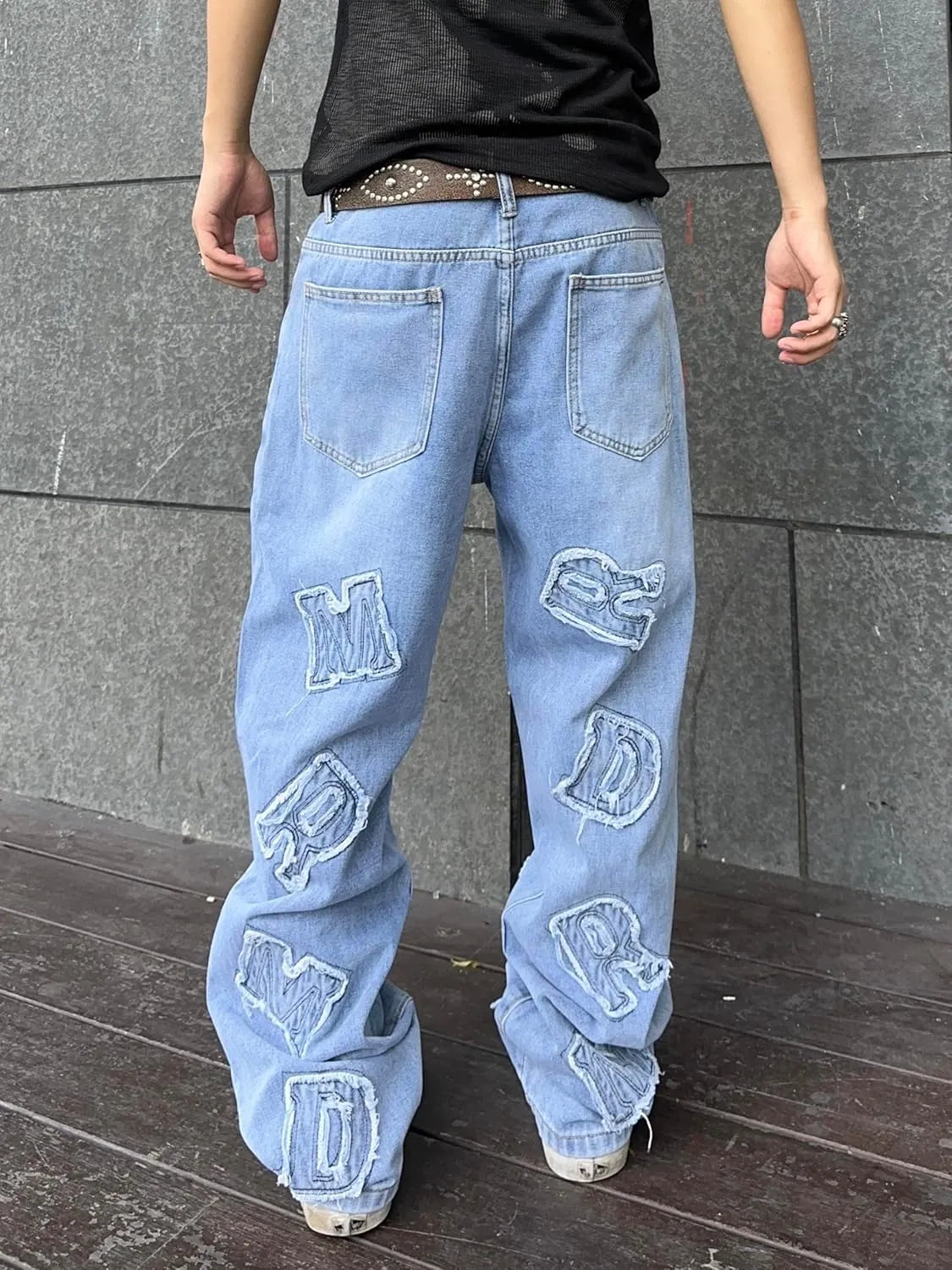 Mens Womens Baggy Jeans Patched Letter Badge Wide Leg Denim Pants Y2k Hip Hop Casual Loose Trousers