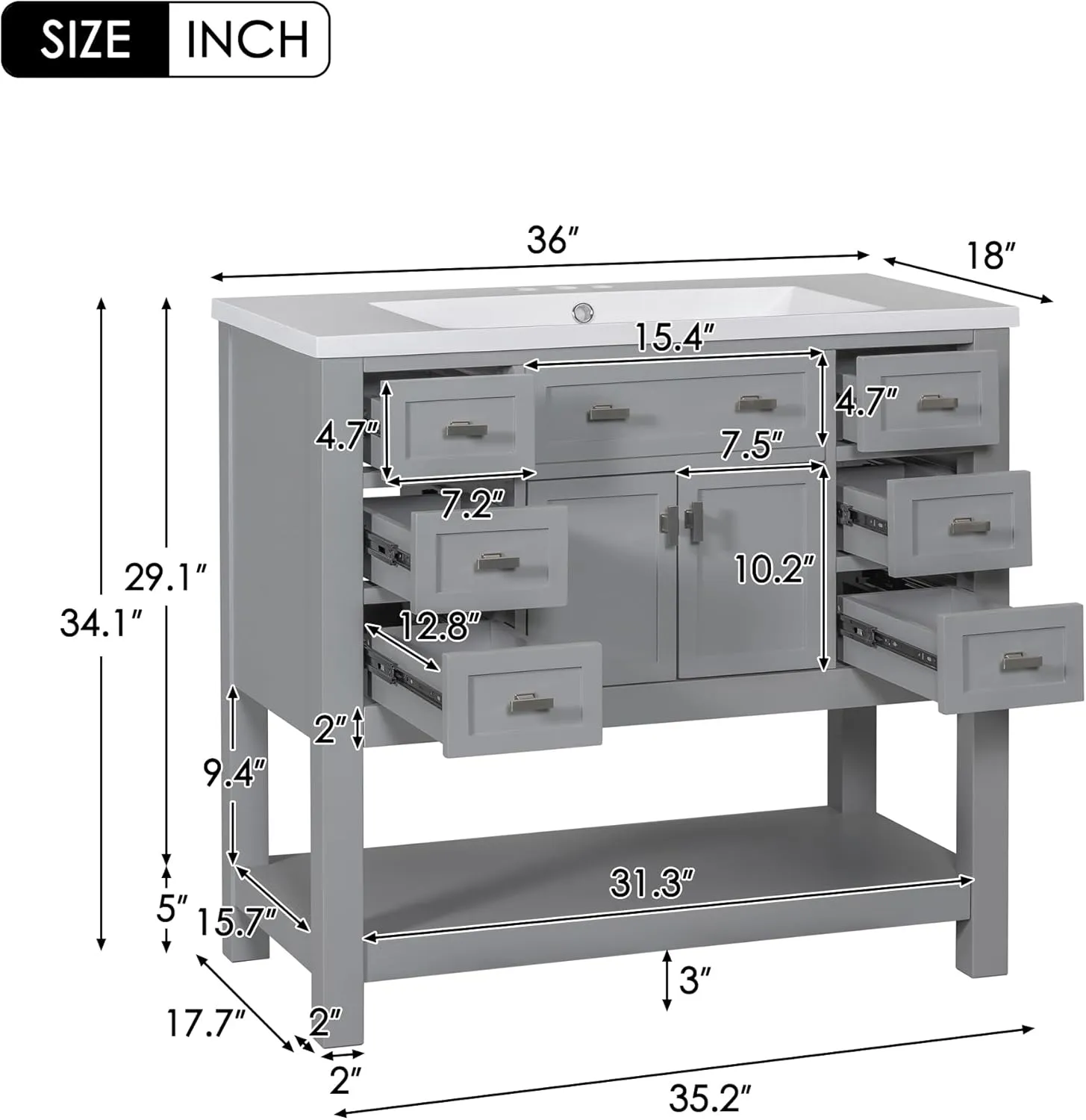Merax 36 Inch Bathroom Vanity with Sink Combo, Solid Wood Frame Bathroom Vanities with 6 Drawers & 2 Soft Closing Doors & Opening Shelf, Modern Bathroom Sink Cabinet with Undermount Sink