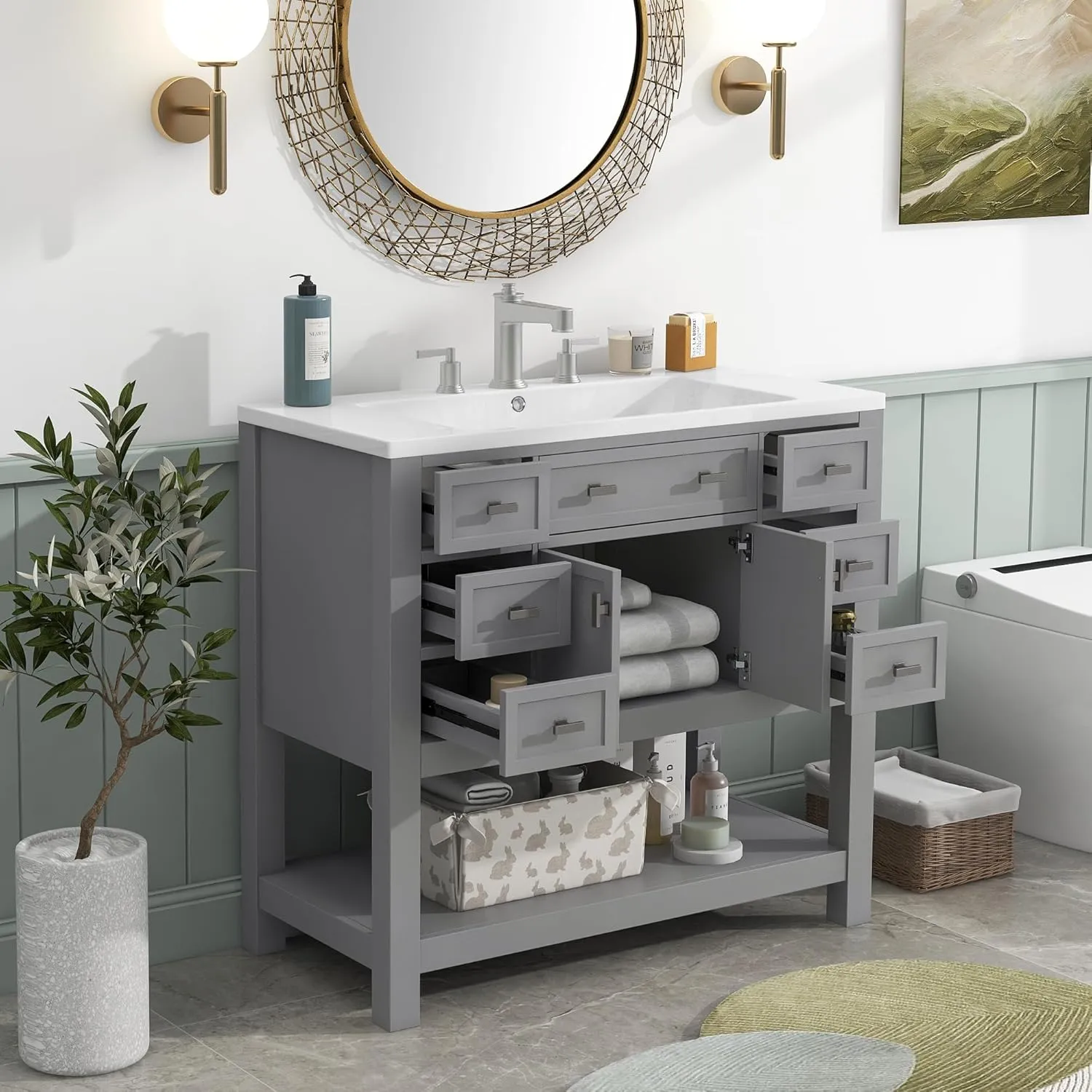 Merax 36 Inch Bathroom Vanity with Sink Combo, Solid Wood Frame Bathroom Vanities with 6 Drawers & 2 Soft Closing Doors & Opening Shelf, Modern Bathroom Sink Cabinet with Undermount Sink