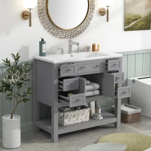 Merax 36 Inch Bathroom Vanity with Sink Combo, Solid Wood Frame Bathroom Vanities with 6 Drawers & 2 Soft Closing Doors & Opening Shelf, Modern Bathroom Sink Cabinet with Undermount Sink