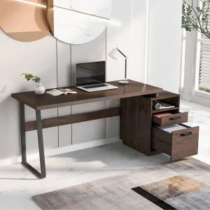 Merax, Brown Computer Desk with Storage Drawers for Letter-Size Files, 65" Study PC Wood Writing Workstation, Metal Frame
