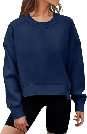 MEROKEETY Women's Oversized Cropped Sweatshirts Crewneck Fleece Workout Pullover Sweater Fall Outfits