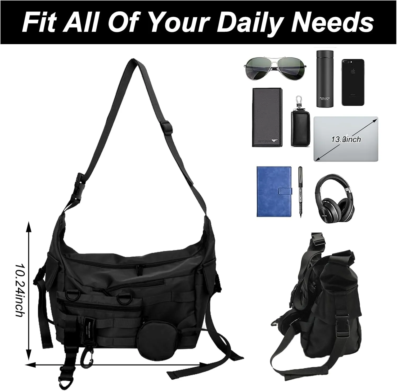 Messenger Bag with Detachable Pouches, 22x10 inches, Canvas Crossbody Shoulder Bag for Men Women