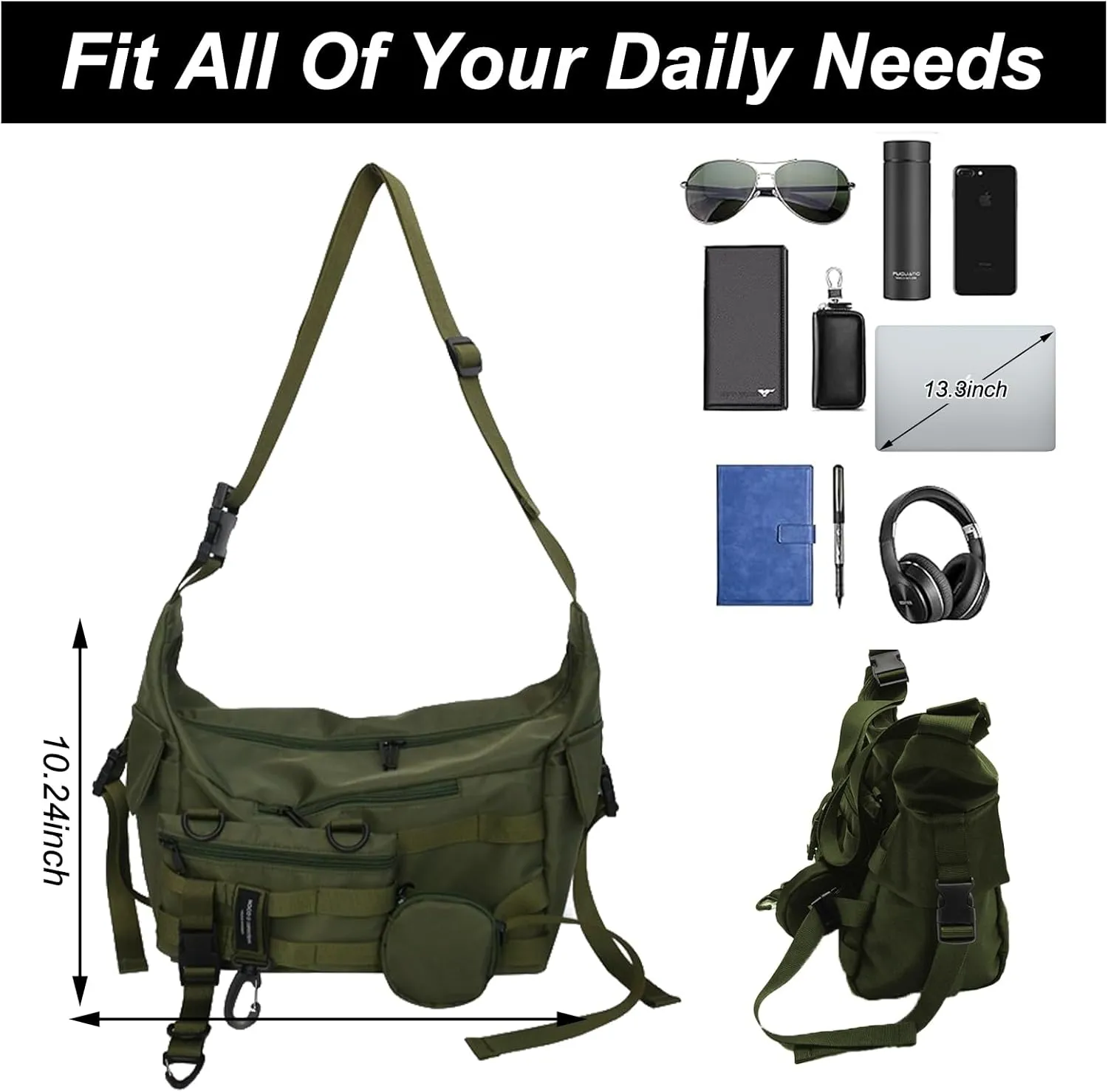 Messenger Bag with Detachable Pouches, 22x10 inches, Canvas Crossbody Shoulder Bag for Men Women