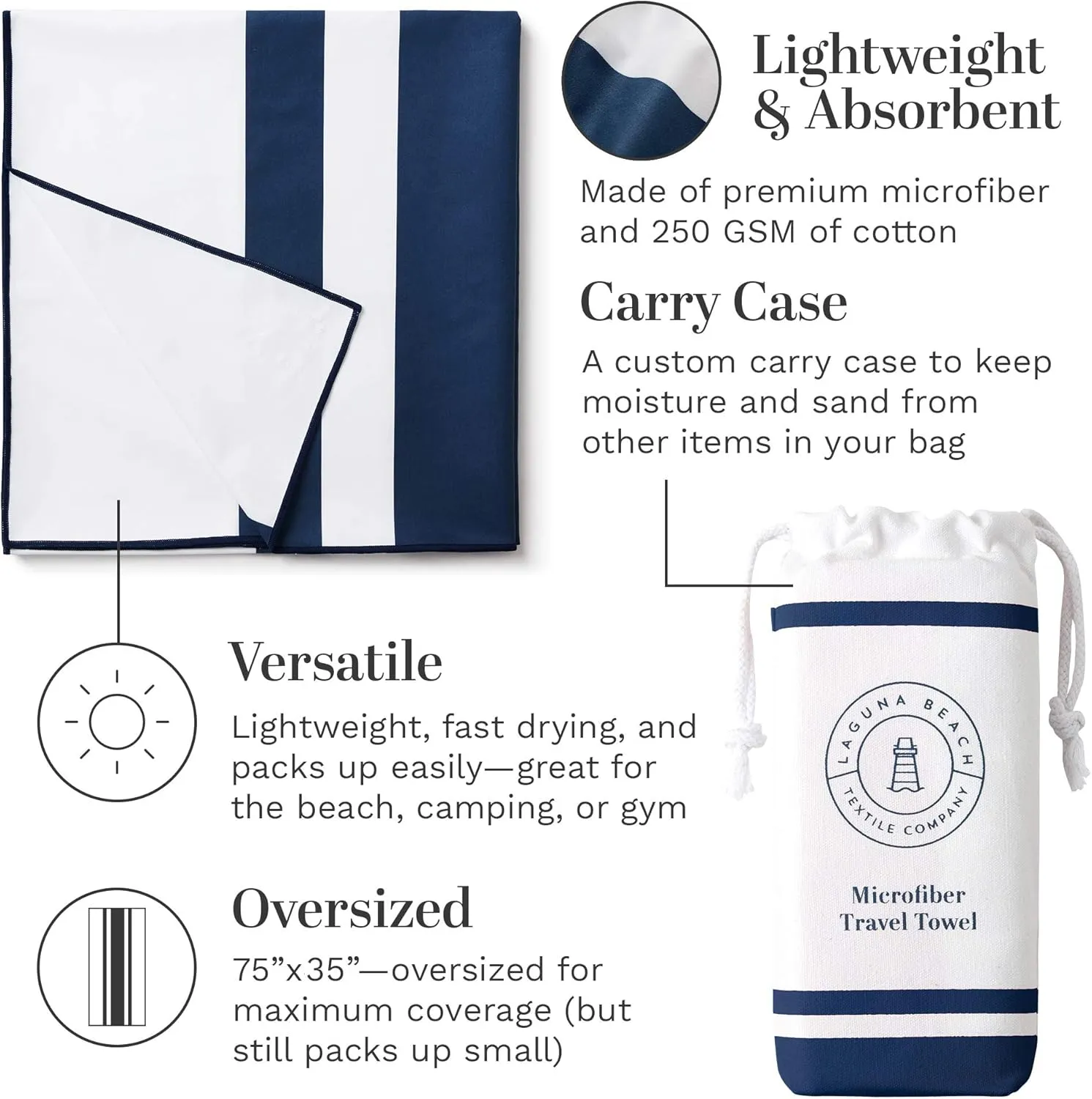 Microfiber Beach Towel by Laguna Beach Textile Co - Pool, Gym, Yoga - Extra Large Travel Towel, Fast Drying, and Sand Free - Deepwater Blue