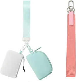 Mini Zip Around Dual Pouch Wristlet Portable Wristlet Wallet Detachable Coin Purse Pouch for Women - 2 detachable Keychain (White Mint Green)