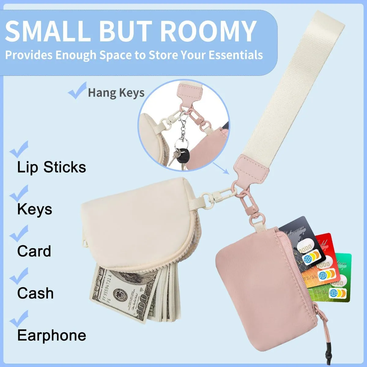 Mini Zip Around Dual Pouch Wristlet Portable Wristlet Wallet Detachable Coin Purse Pouch for Women - 2 detachable Keychain (White Mint Green)