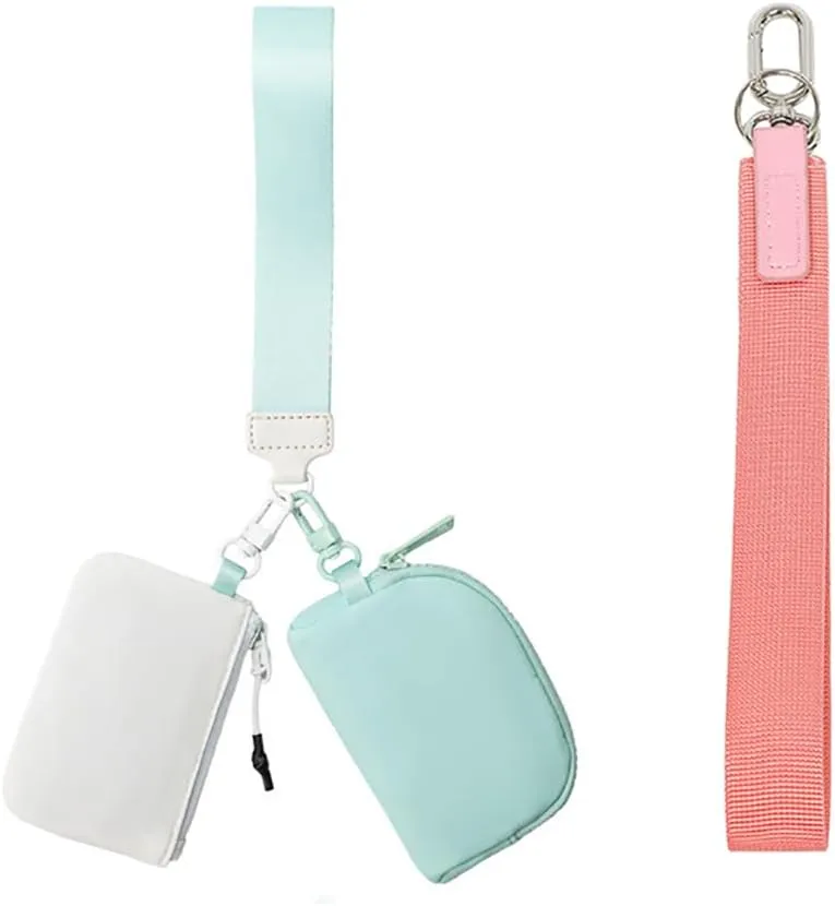 Mini Zip Around Dual Pouch Wristlet Portable Wristlet Wallet Detachable Coin Purse Pouch for Women - 2 detachable Keychain (White Mint Green)